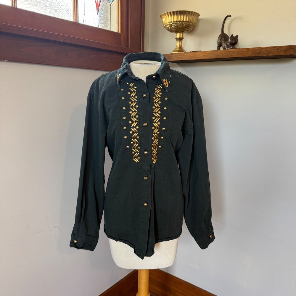 Vintage Dark Green Gold Embellished Western Glam Button Shirt 80s Medium - Picture 1 of 7